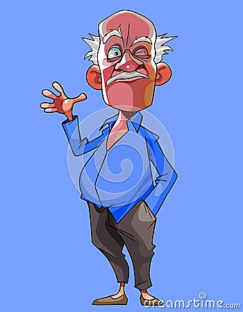 Cartoon old gray haired man winks and waves his hand Vector Illustration