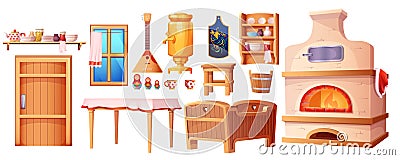 Cartoon old interior kitchen elements of the Russian hut Vector Illustration