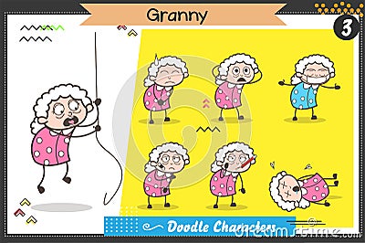 Cartoon Old Lady Characters Different Poses and Facial Expressions Vector Set Stock Photo