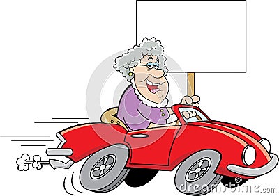 Cartoon old lady driving a sports car and holding a sign. Vector Illustration