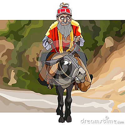 Cartoon old man with a beard rides a donkey Vector Illustration