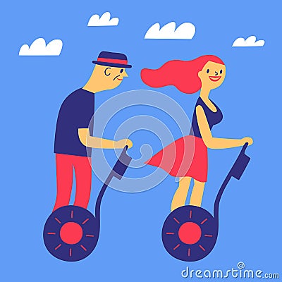 Cartoon old man and a girl riding segways. Cartoon Illustration