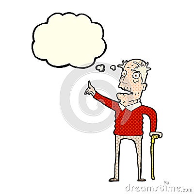 cartoon old man with walking stick with thought bubble Stock Photo