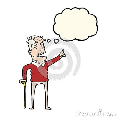 cartoon old man with walking stick with thought bubble Stock Photo