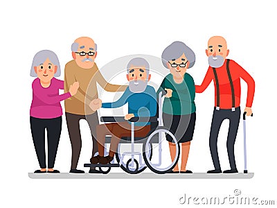 Cartoon old people. Happy aged citizens, disabled senior on wheelchair and elderly citizen with a cane cartoon vector Vector Illustration