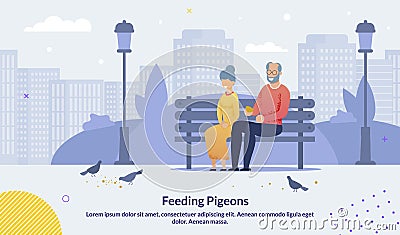 Cartoon Old Senior Couple Feeding Pigeons Poster Vector Illustration