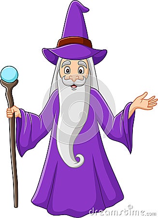 Cartoon old wizard holding magic stick Vector Illustration