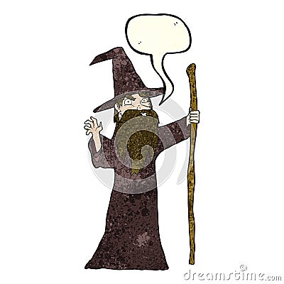 cartoon old wizard with speech bubble Stock Photo