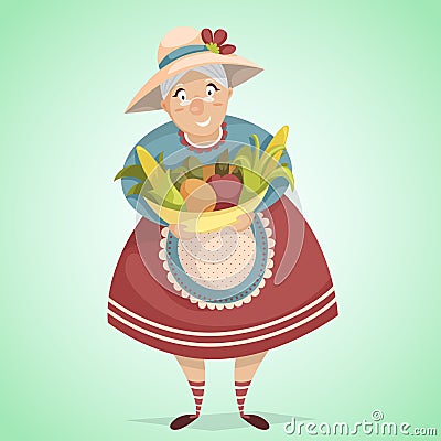 Cartoon old woman farmer character with harvest. Vector Illustration