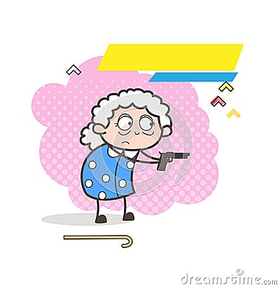 Cartoon Old Woman Showing Gun for Defense Vector Illustration Stock Photo