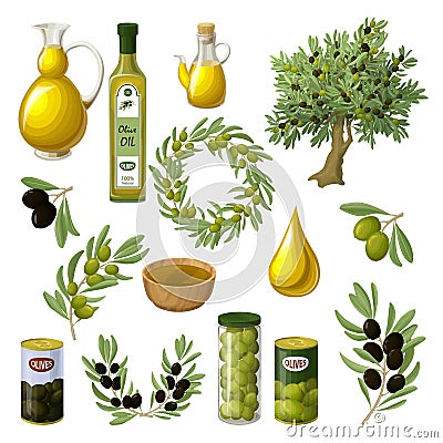 Cartoon Olive Oil Elements Set Vector Illustration