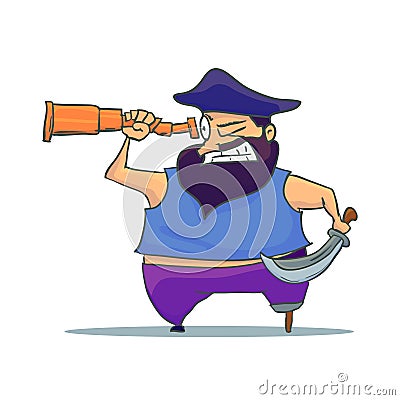 Cartoon one-legged Pirate with Spyglass. Vector Vector Illustration