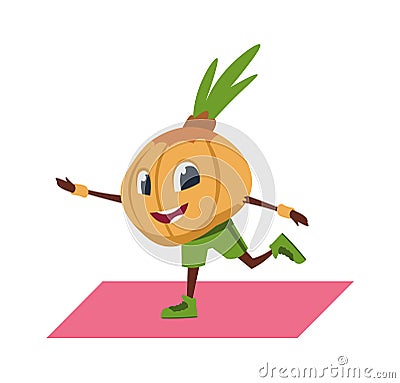 Cartoon onion character doing yoga. Pilates and aerobics training, sport exercises on gymnastic mat. Vegetable mascot Vector Illustration