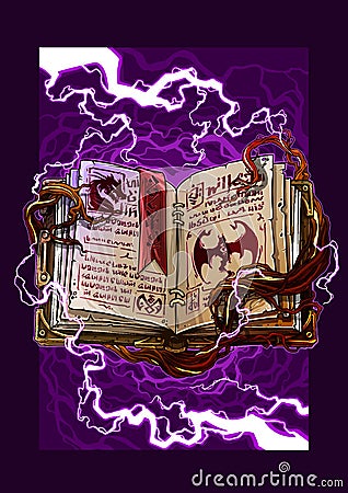 Cartoon open magic spell book with lightning Vector Illustration