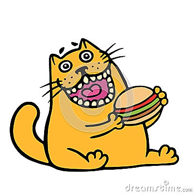 Cartoon orange cat is eating a hamburger. Isolated vector illustration. Vector Illustration