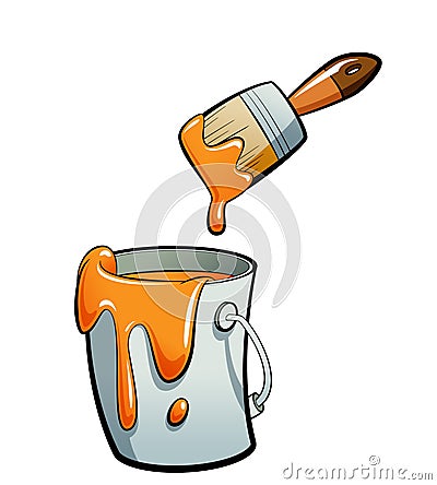 Cartoon orange color paint in a paint bucket painting with paint Stock Photo