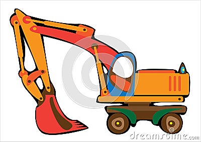 Cartoon orange excavator isolated on white Vector Illustration