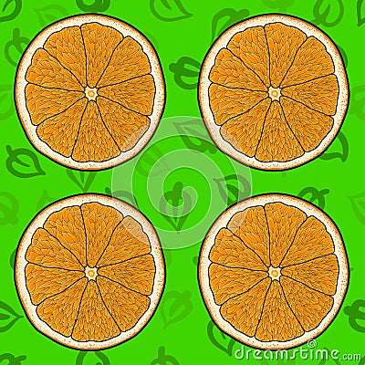 Cartoon orange with green leaves backdrop, seamless pattern Stock Photo