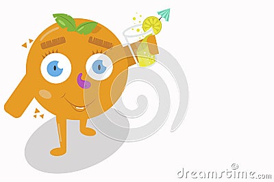 Cartoon of an orange holding a glass with a soft drink Cartoon Illustration