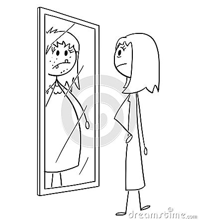 Cartoon of Ordinary Nice and Slim Woman or Girl Looking at Herself at Mirror and Seeing Yourself Ugly, Fat and Obese Vector Illustration