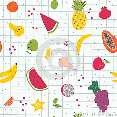Cartoon organic fruits hand draw seamless pattern Vector Illustration
