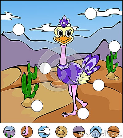 Cartoon ostrich in the desert. complete the puzzle and find the Vector Illustration