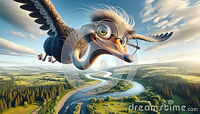 Flying Ostrich with Glasses Over Scenic Landscape Stock Photo