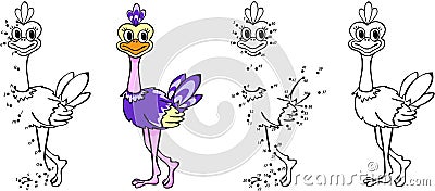 Cartoon ostrich. Vector illustration. Coloring and dot to dot ga Vector Illustration