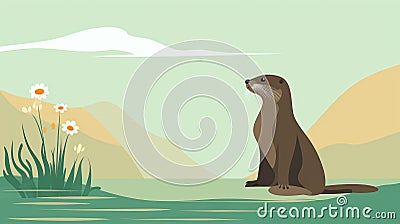 Minimalist River Otter Illustration With Serene Background Cartoon Illustration