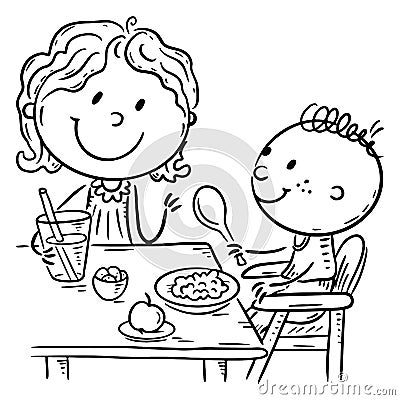 Cartoon outline family eating. Illustration of mom feeding child Cartoon Illustration