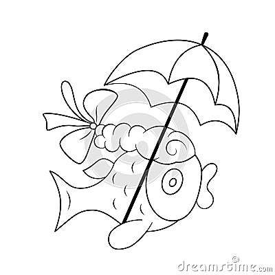 Cartoon outline fish with umbrella for coloring Vector Illustration