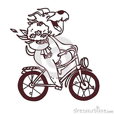 Cartoon outline happy dog on bike with bouquet of flowers. Vector hand drawn coloring page illustration. Vector Illustration