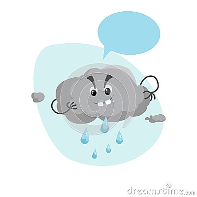 Cartoon overcast storm cloud with rain drops mascot. Weather rain and storm symbol. Speaking character with dummy speech bubble an Vector Illustration