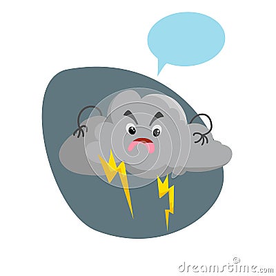 Cartoon overcast storm cloud with thunderstorm mascot. Weather rain and storm symbol. Speaking character with dummy speech bubble. Vector Illustration