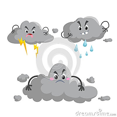Cartoon overcast storm cloud with thunderstorm mascotsset. Weather rain and storm symbols. Vector illustration icons Vector Illustration