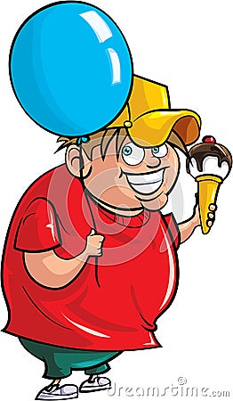Cartoon overweight boy with balloon and ice cream Stock Photo