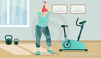 Cartoon Overweight Clubby Woman Character in Gym Vector Illustration