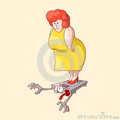 Cartoon overweight lady on a scale Vector Illustration