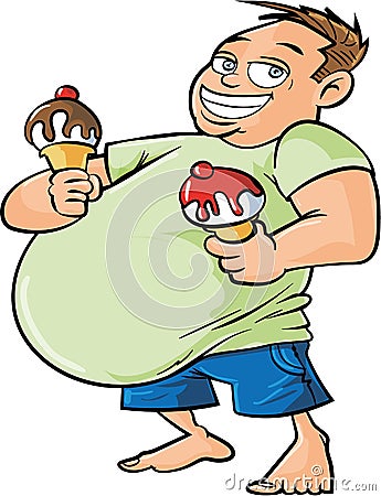 Cartoon overweight man holding two ice creams Stock Photo