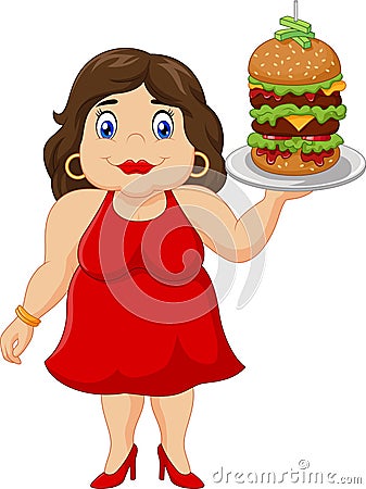 Cartoon overweight woman holding fast food Vector Illustration