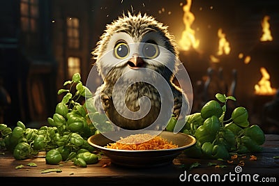 Cartoon owl with basil and grated cheese Cartoon Illustration