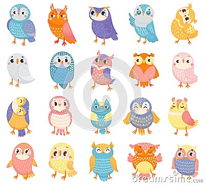 Cartoon owl. Cute color owls, forest birds and hand drawn baby owl vector illustration set Vector Illustration