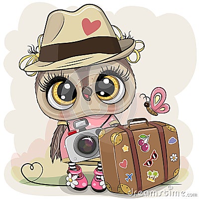 Cartoon Owl in a hat with luggage Vector Illustration