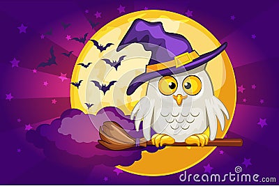 Cartoon owl and moon, set Illustration Happy Halloween Vector Illustration