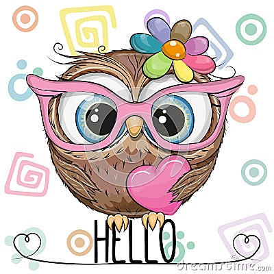 Cartoon Owl in a pink glasses with heart Vector Illustration