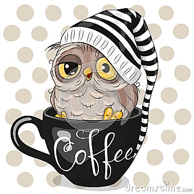 Cartoon owl is sitting in a Cup of coffee Vector Illustration