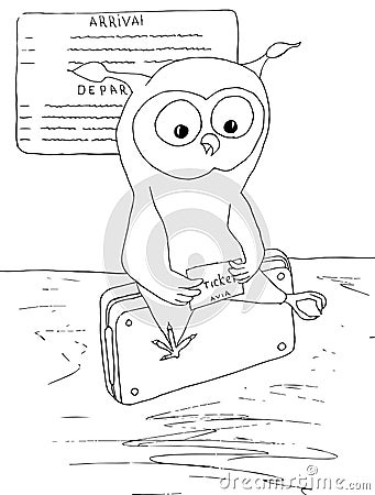Cartoon owl with ticket sitting on bag. Monochrome hand drawn stock vector illustration for web Vector Illustration