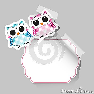 Cartoon owls sticker with place for text Vector Illustration