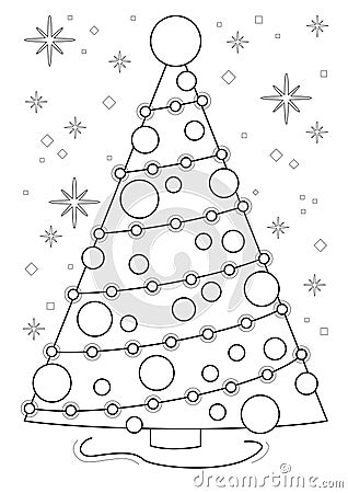 Cartoon page for coloring book with Christmas tree, vector illustration Vector Illustration