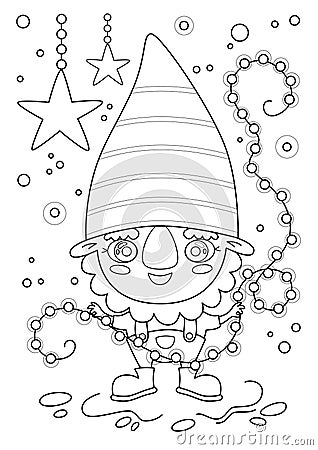 Cartoon page for coloring book with a dwarf, vector illustration Vector Illustration